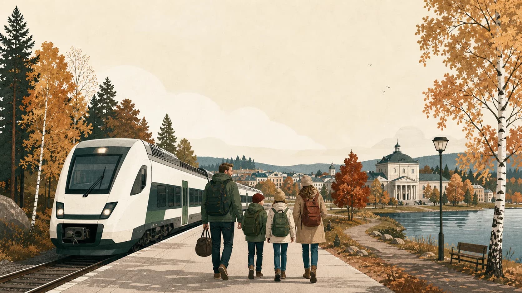 Illustrated family travelling by train through Finland during the autumn holiday