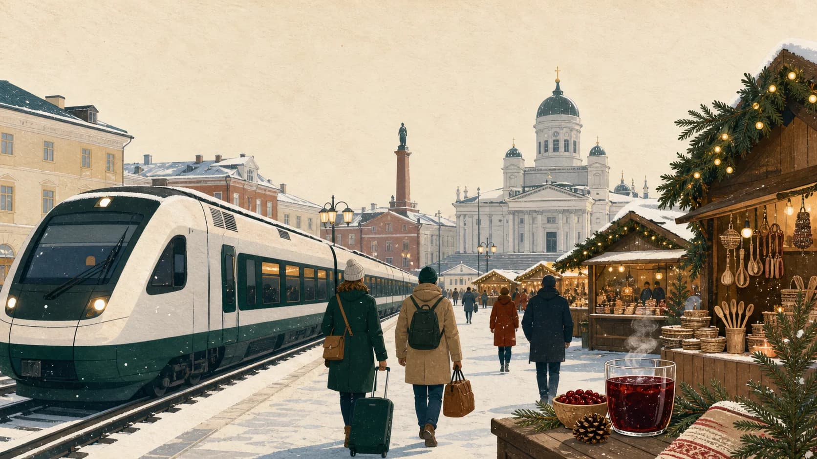 Illustrated travellers, winter train and market stalls at Helsinki’s Senate Square