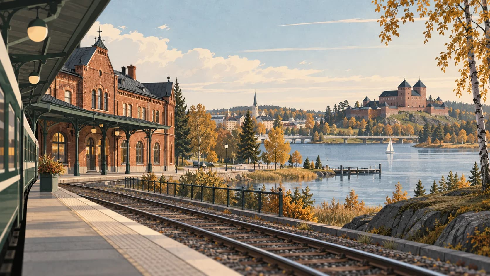 Illustrated Hämeenlinna railway station, Lake Vanajavesi and Häme Castle in autumn