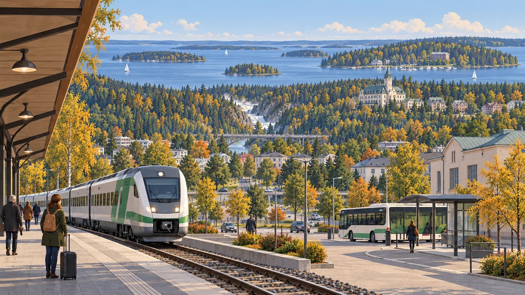 Illustrated Imatra station, distant rapids district and Lake Saimaa