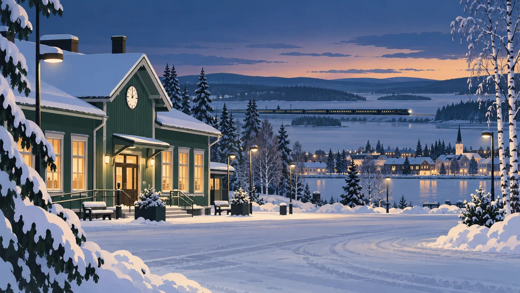 Illustrated winter arrival in Kemijärvi with the lake town and distant night train