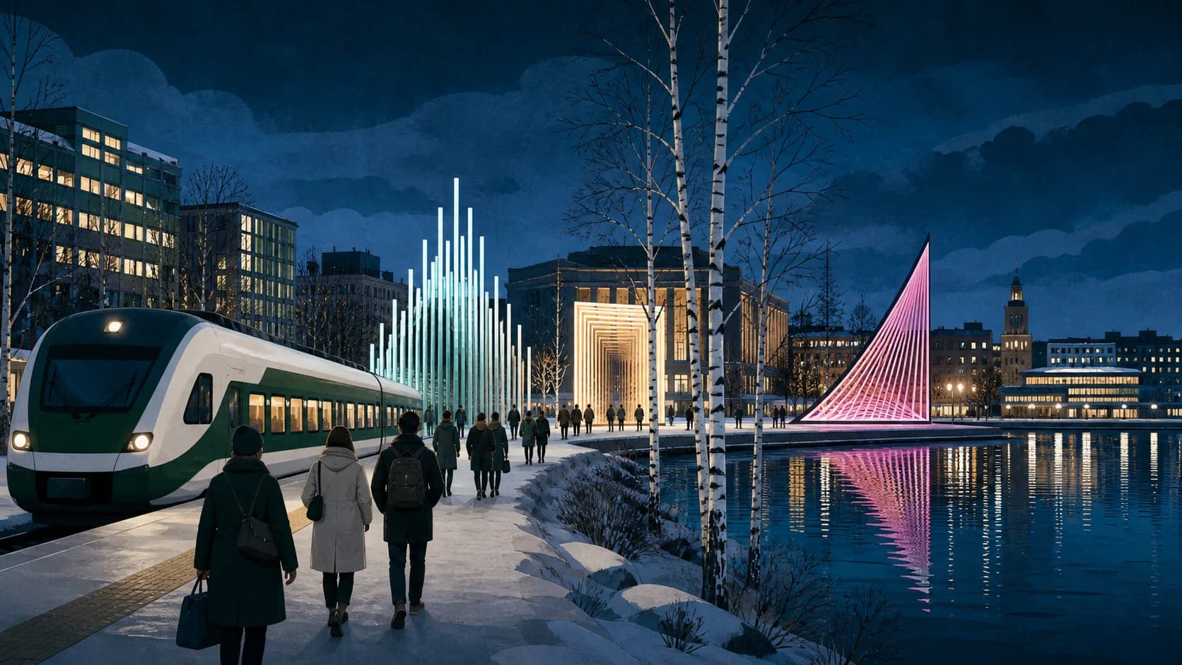 Illustrated night train arriving beside colourful light art in a snowy Finnish city