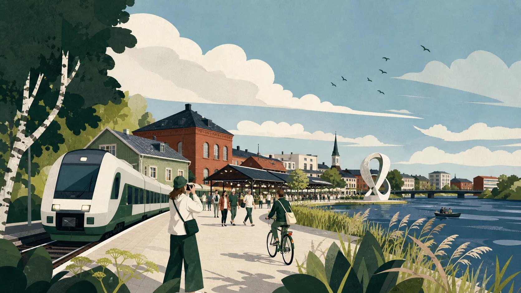 Illustrated winter train arriving in Oulu during the European Capital of Culture year