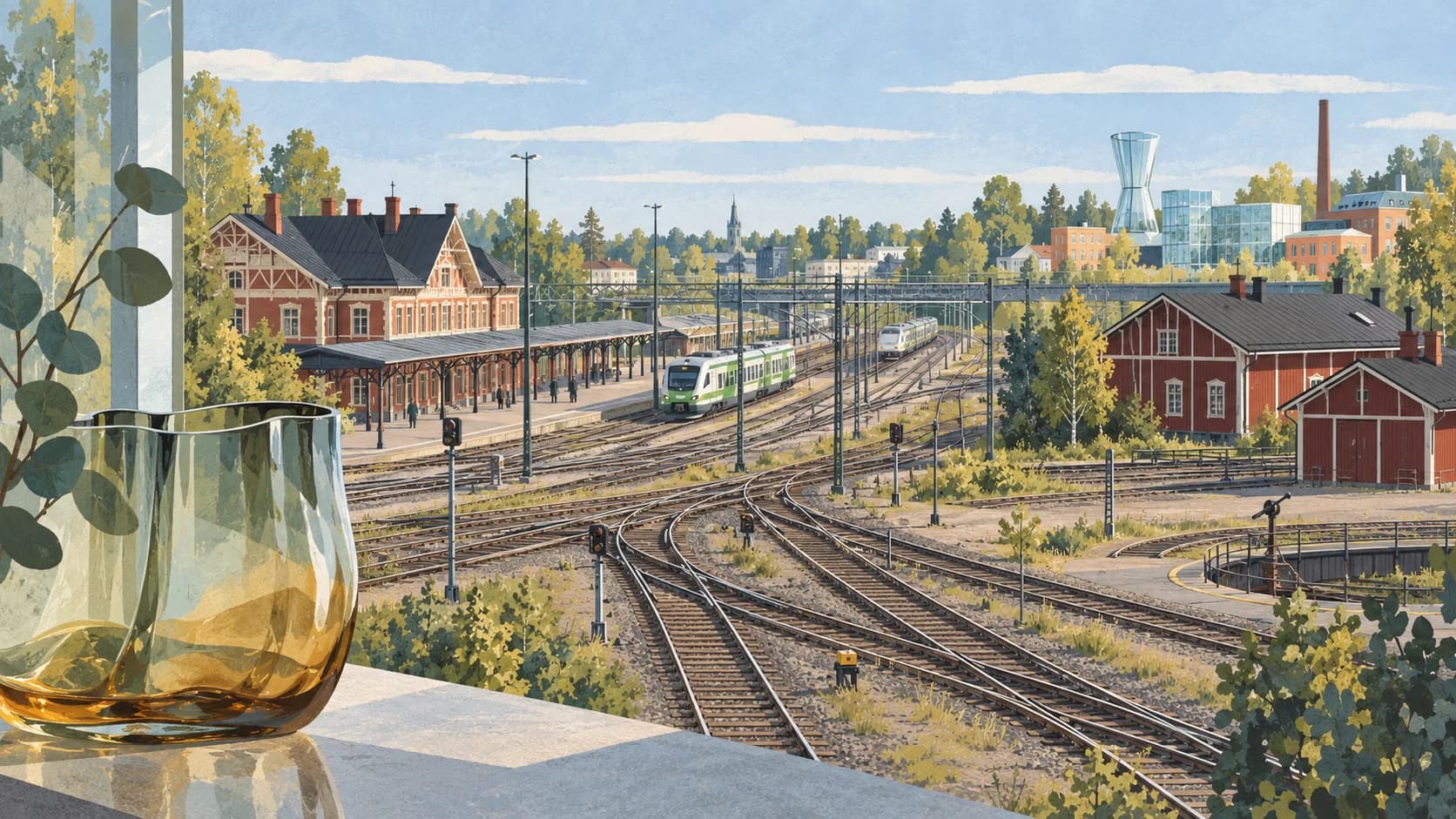 Illustrated Riihimäki railway junction, Railway Park and Finnish glass motif