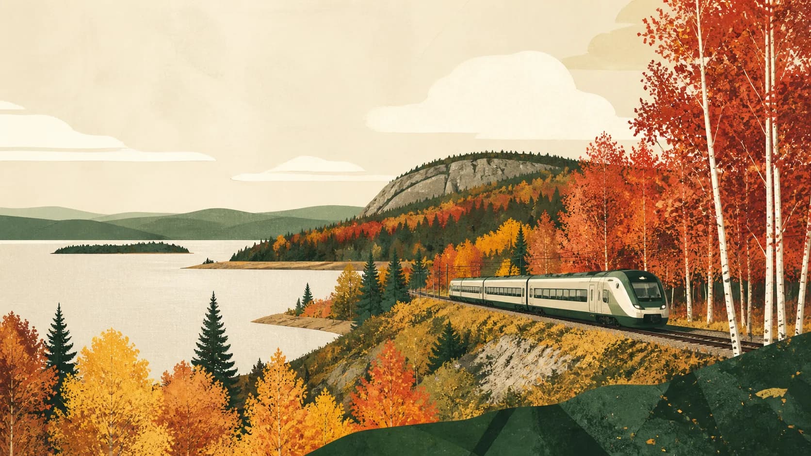 Illustrated train travelling through vivid Finnish autumn forest