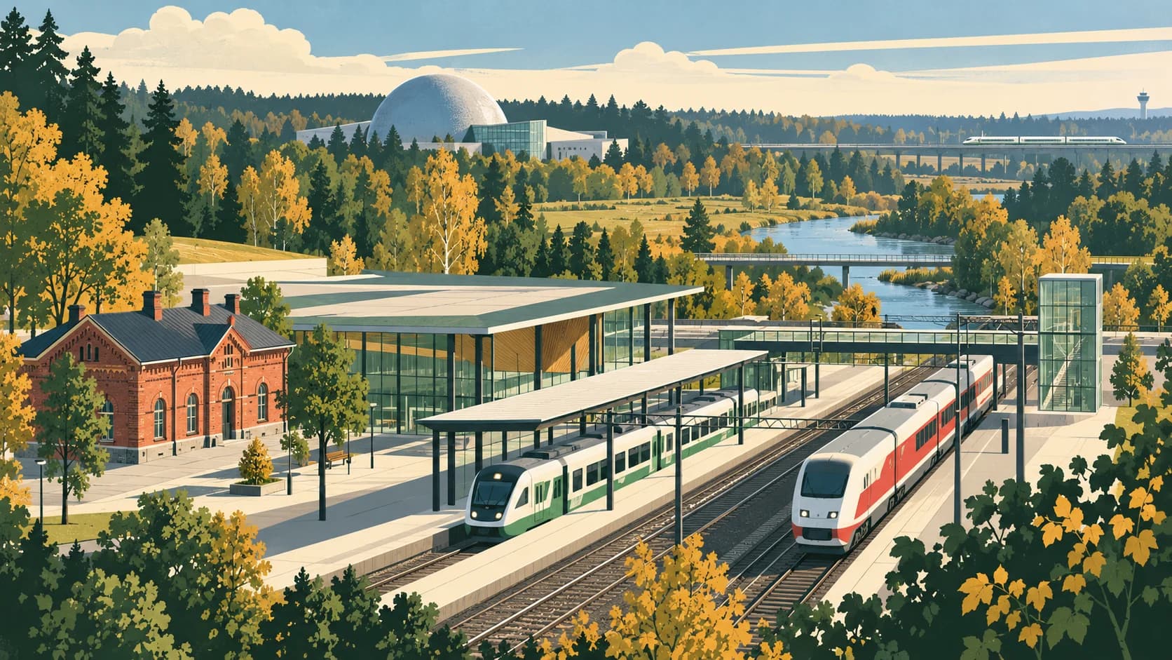 Illustrated Tikkurila station, old brick station, river and Heureka