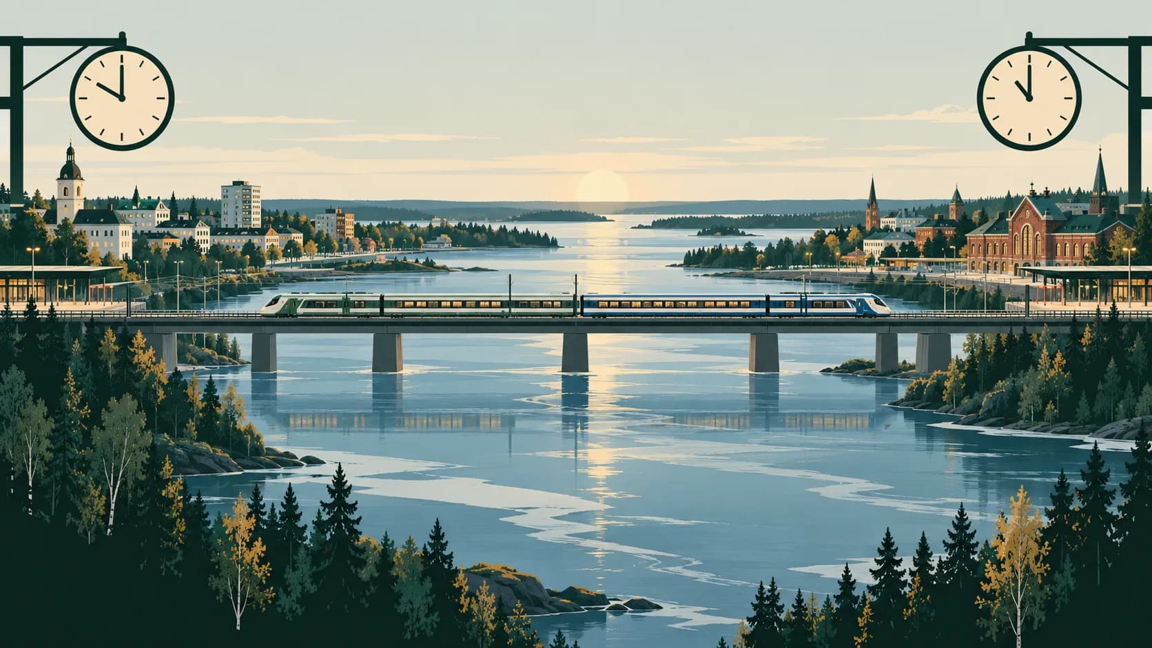 Illustrated Tornio–Haparanda rail crossing with twin cities, river and two local clocks