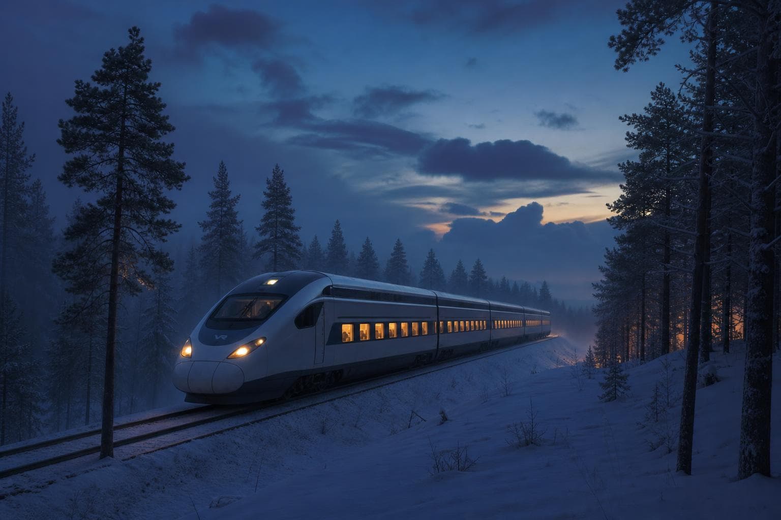 Train moving through a Finnish forest route