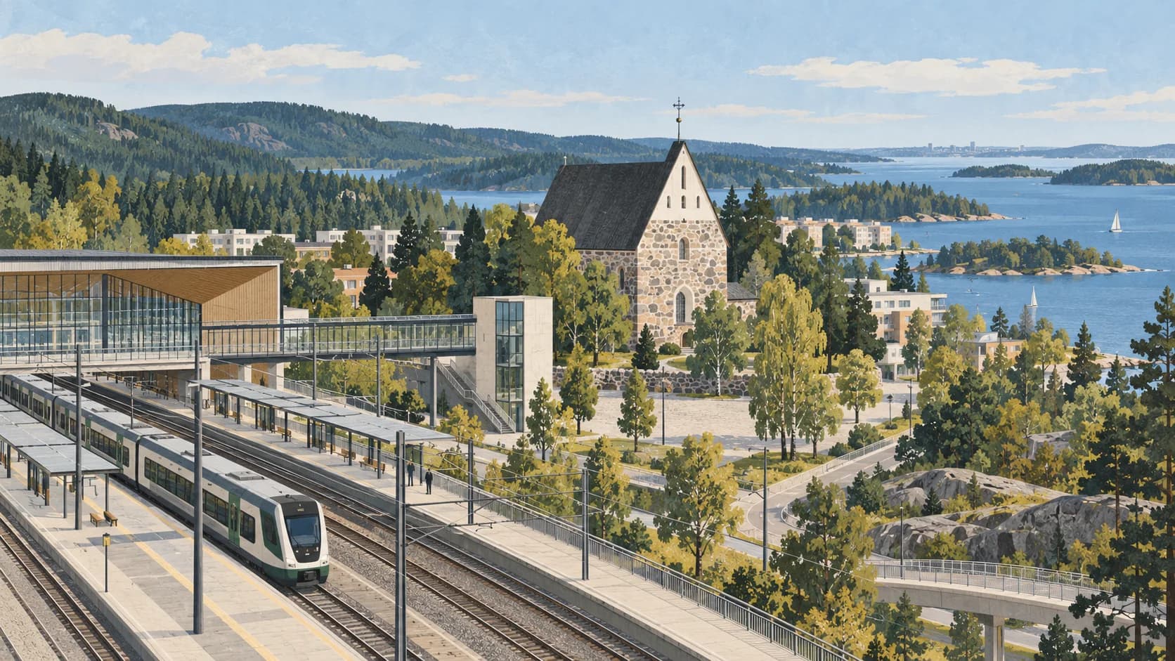 Illustrated Espoo station, cathedral, coast and Nuuksio landscape