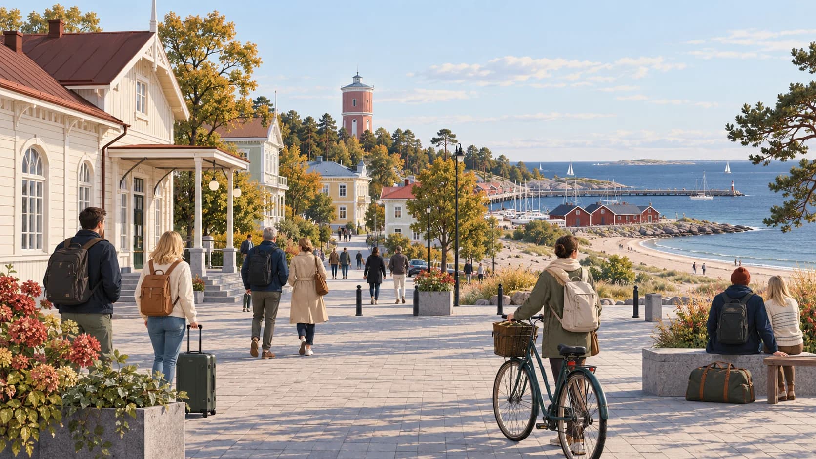 Illustrated Hanko station square opening toward wooden villas, harbour and coast