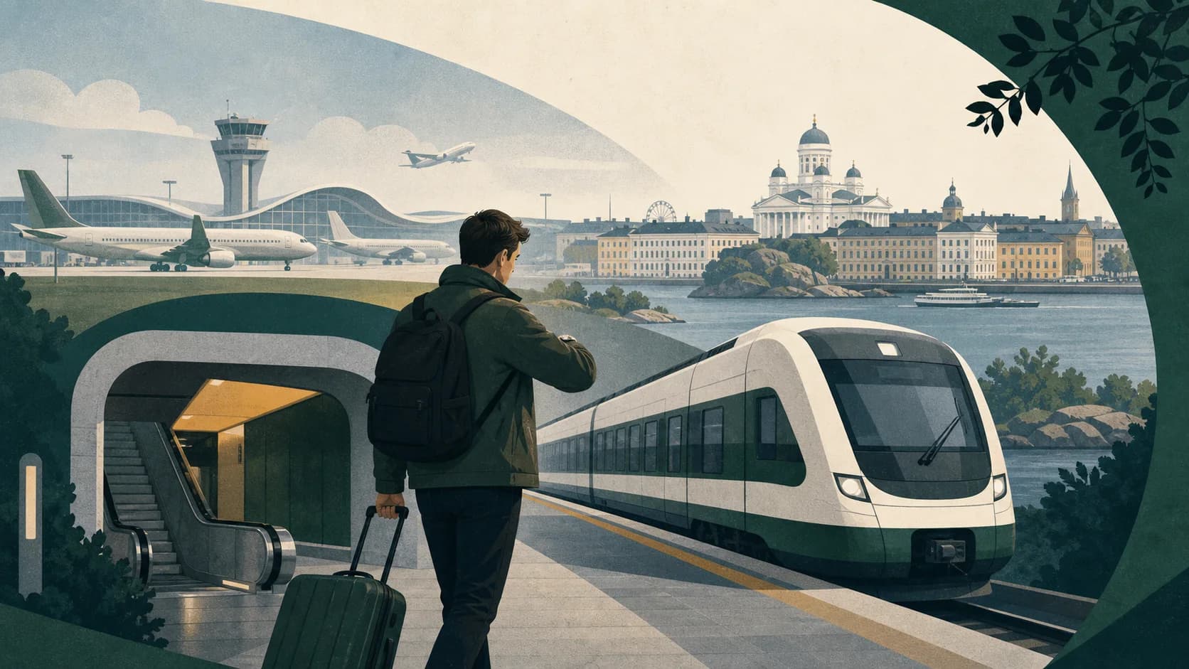 Illustrated air traveller taking the airport train towards central Helsinki during a layover