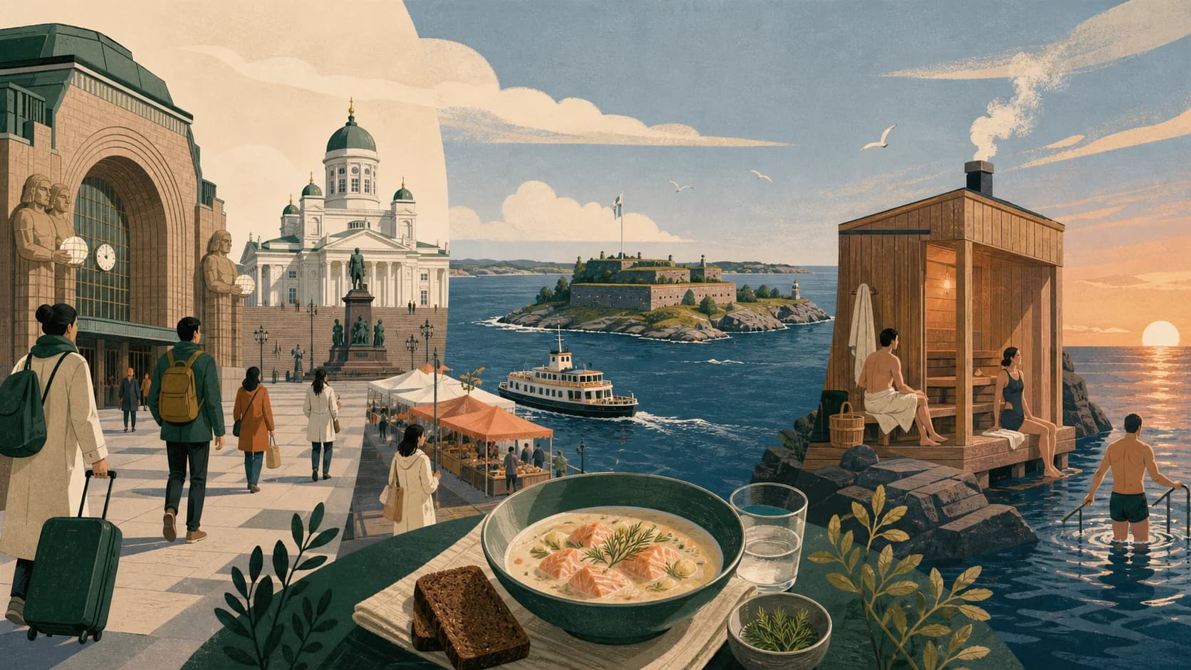 Illustrated Helsinki journey from the station to the harbour, Finnish food and a seaside sauna