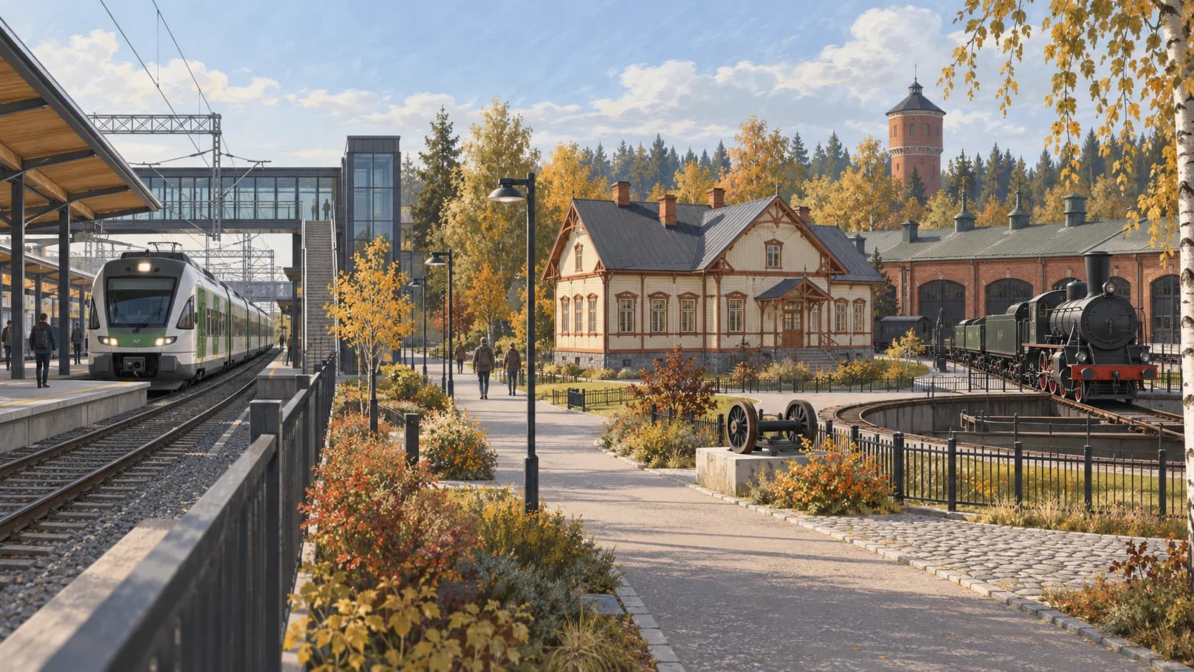 Illustrated Hyvinkää station, walking route and Finnish Railway Museum grounds