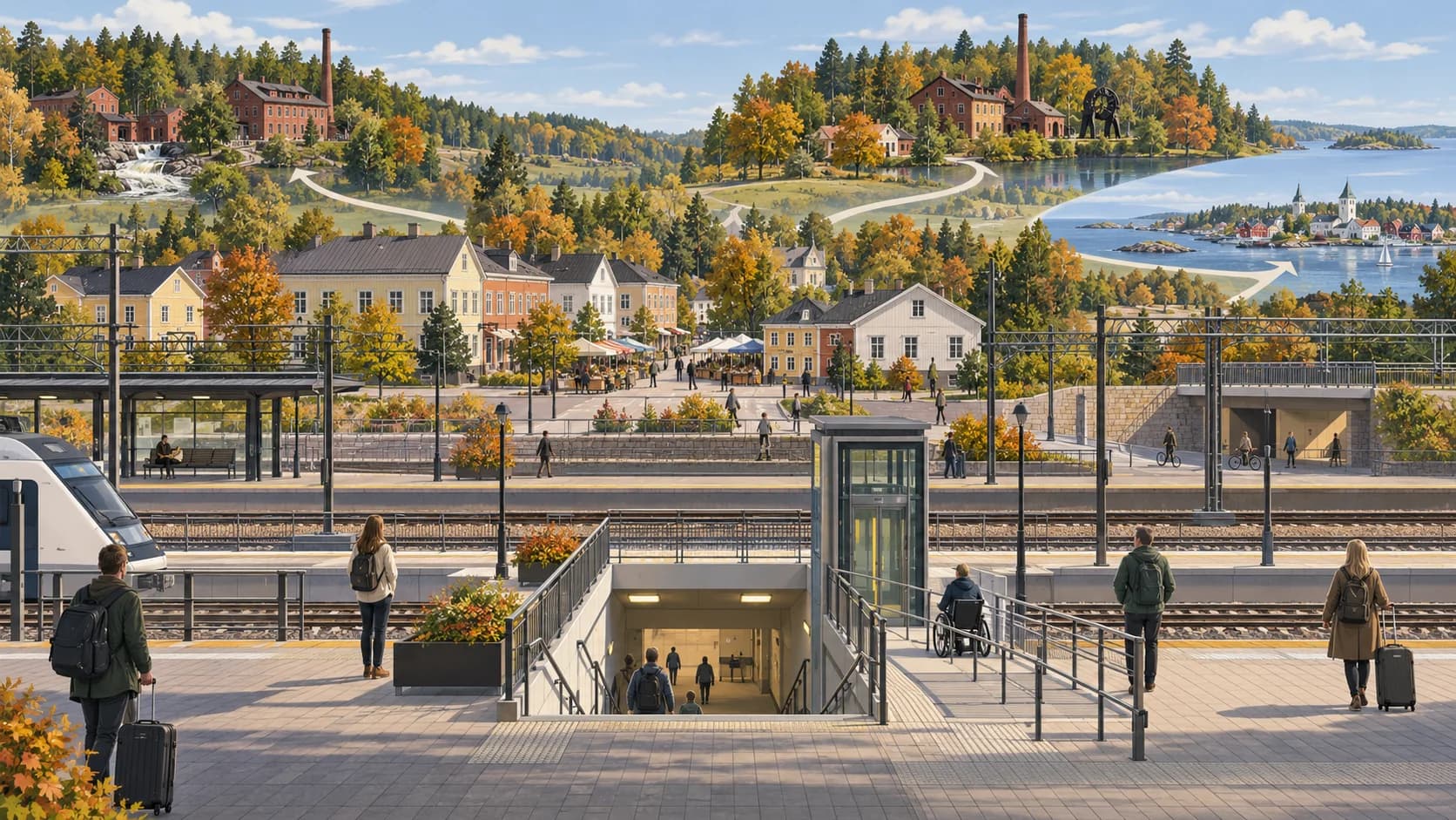 Illustrated Karjaa railway junction with separate routes to ironworks villages and the coast