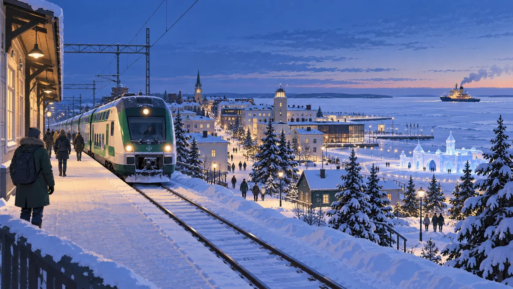 Illustrated winter train arrival in Kemi with the harbour and Bothnian Bay