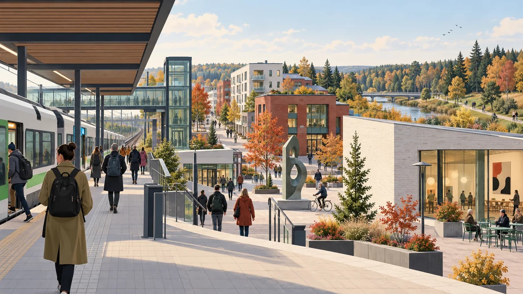Illustrated Kerava station, compact centre, art museum and riverside route