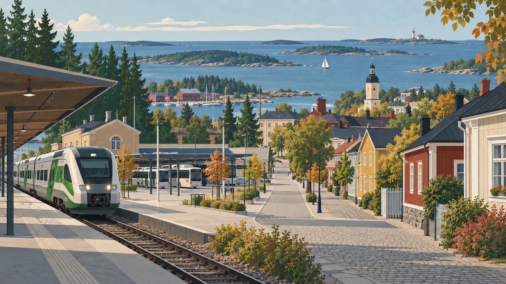 Illustrated Kokkola station, Neristan wooden houses and coast