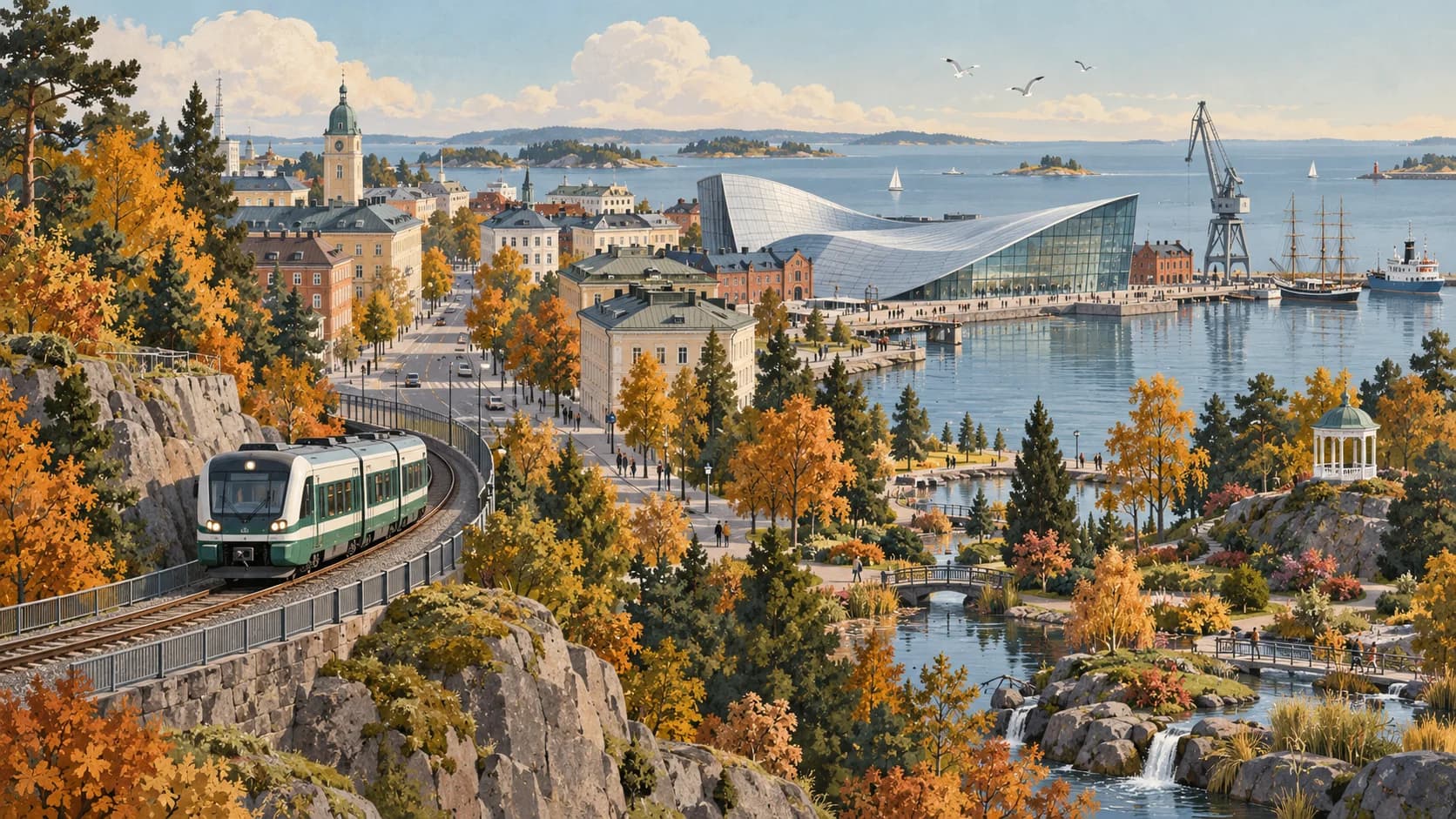 Illustrated Kotka city train beside the old harbour, Vellamo and coastal parks
