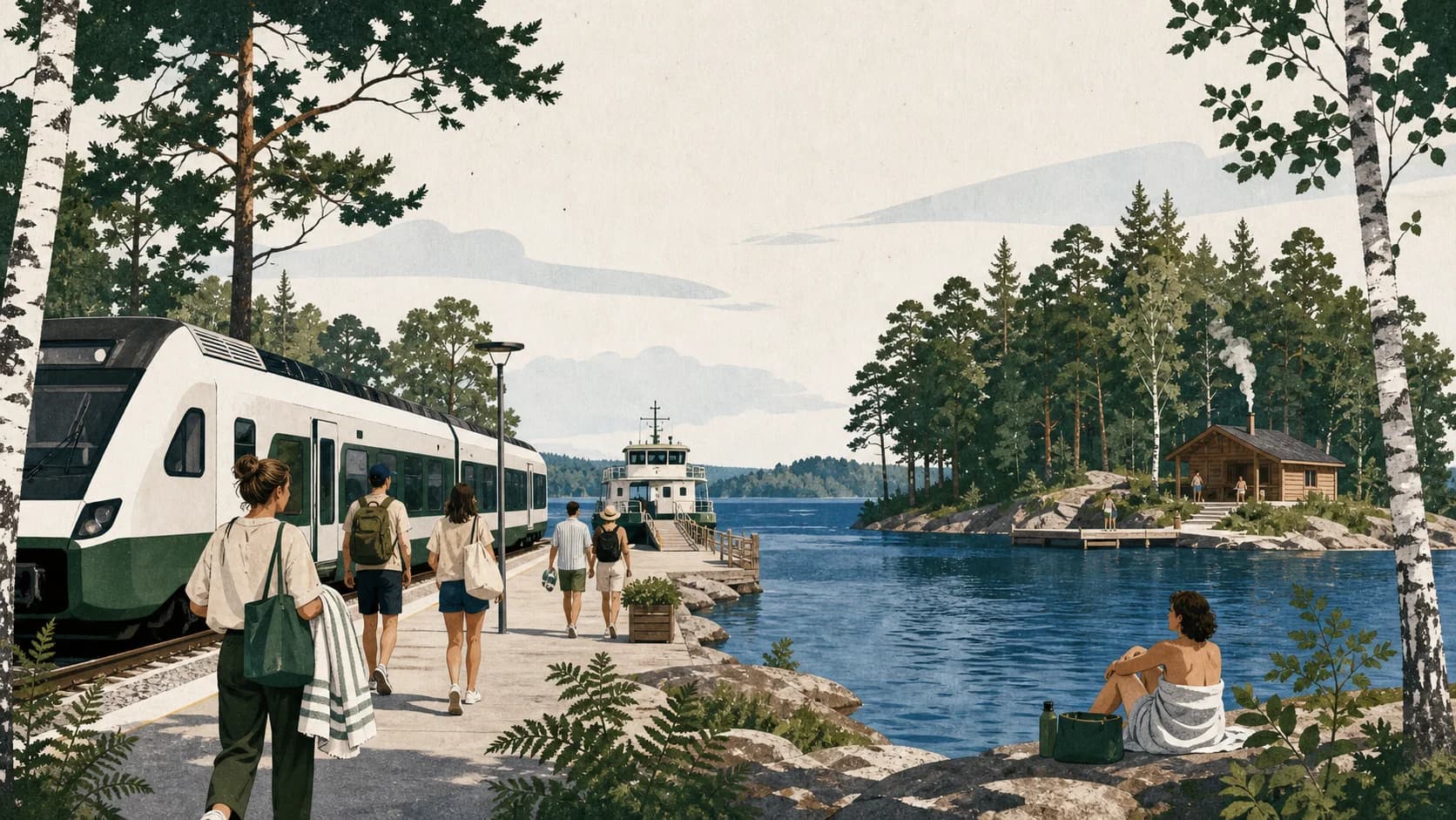 Illustrated train, harbour ferry and timber sauna beside a wooded Finnish lake island
