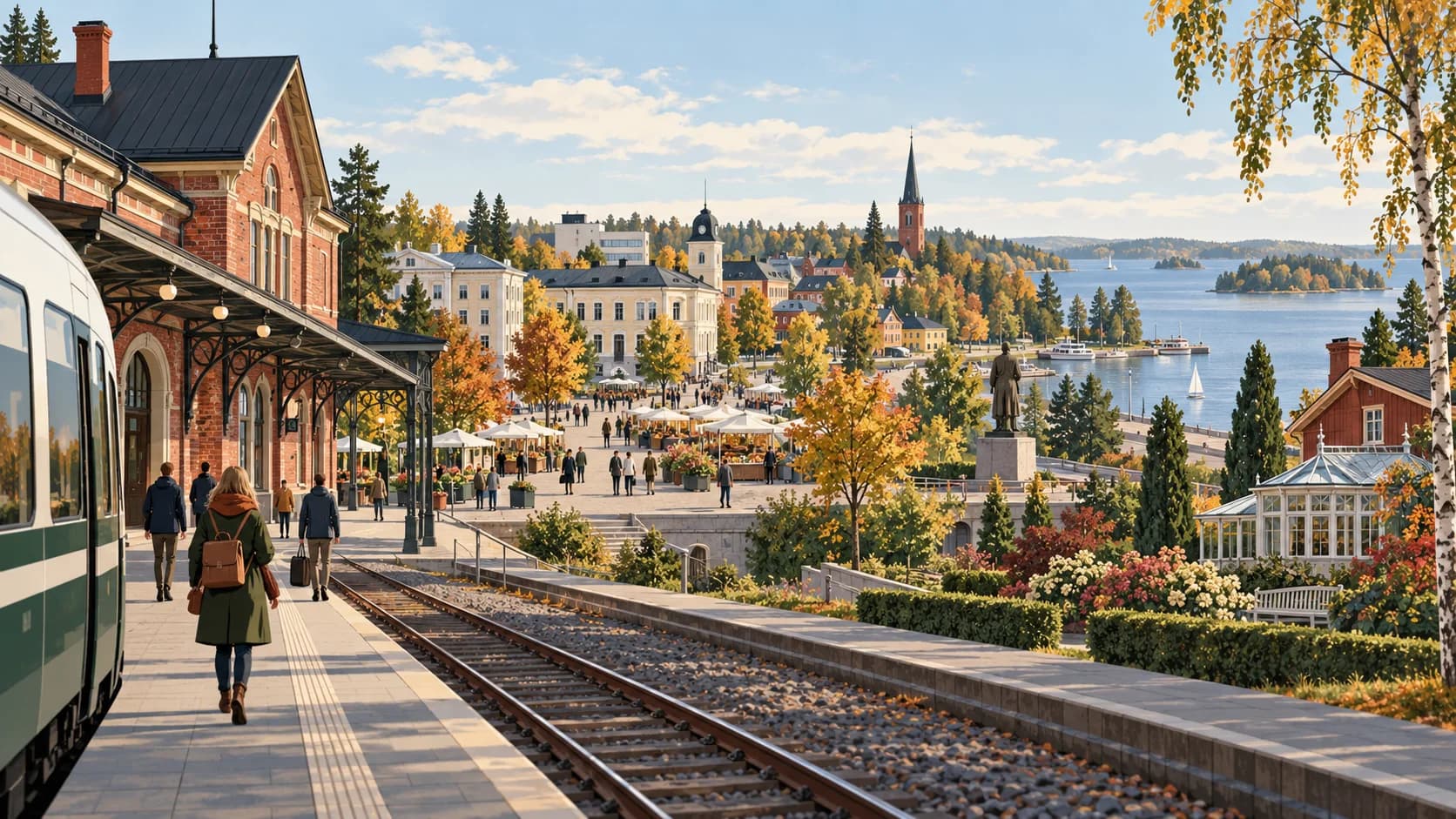 Illustrated arrival by train in compact central Mikkeli beside Lake Saimaa
