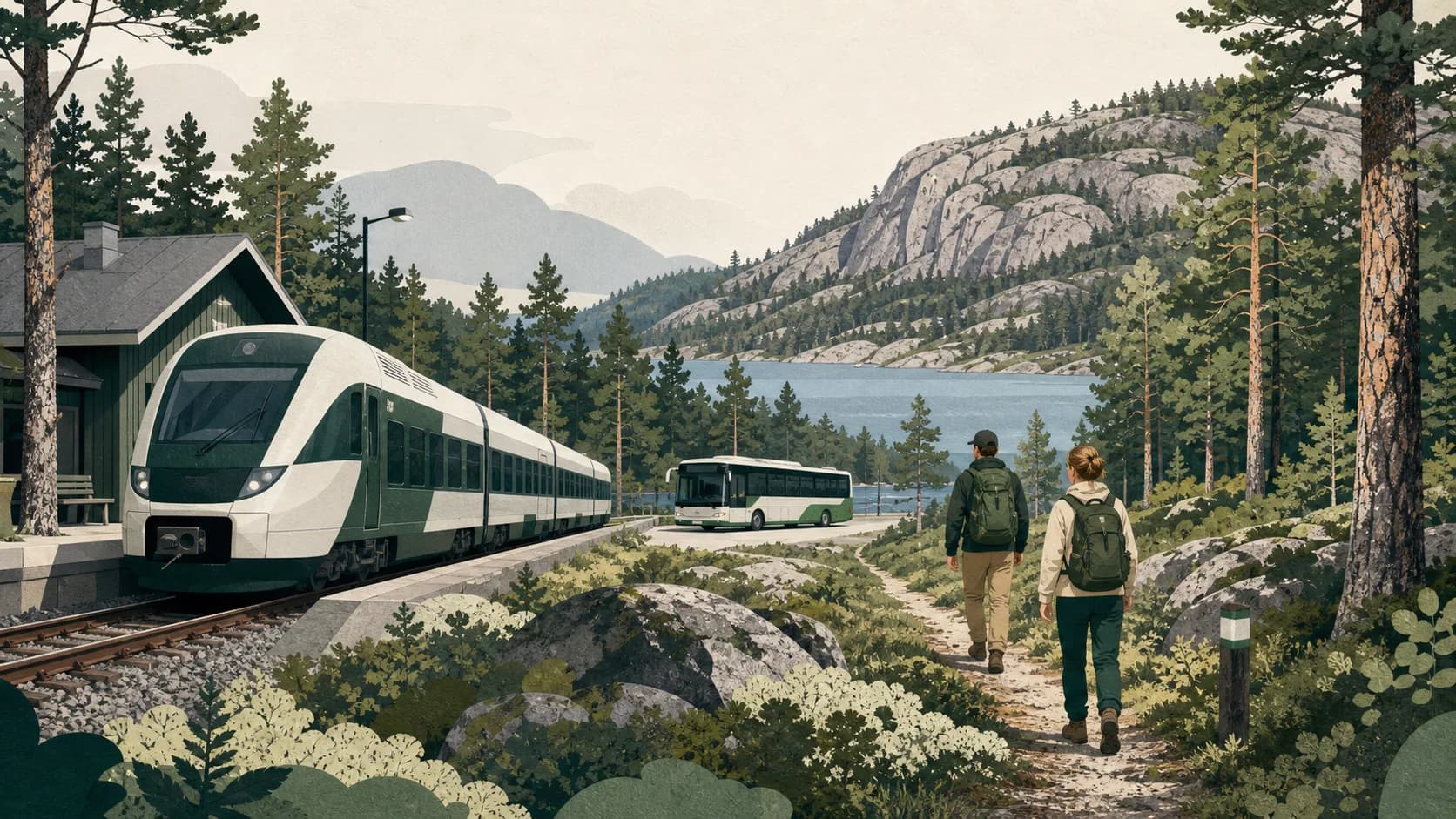 Illustrated train and bus connection leading towards a Finnish national park