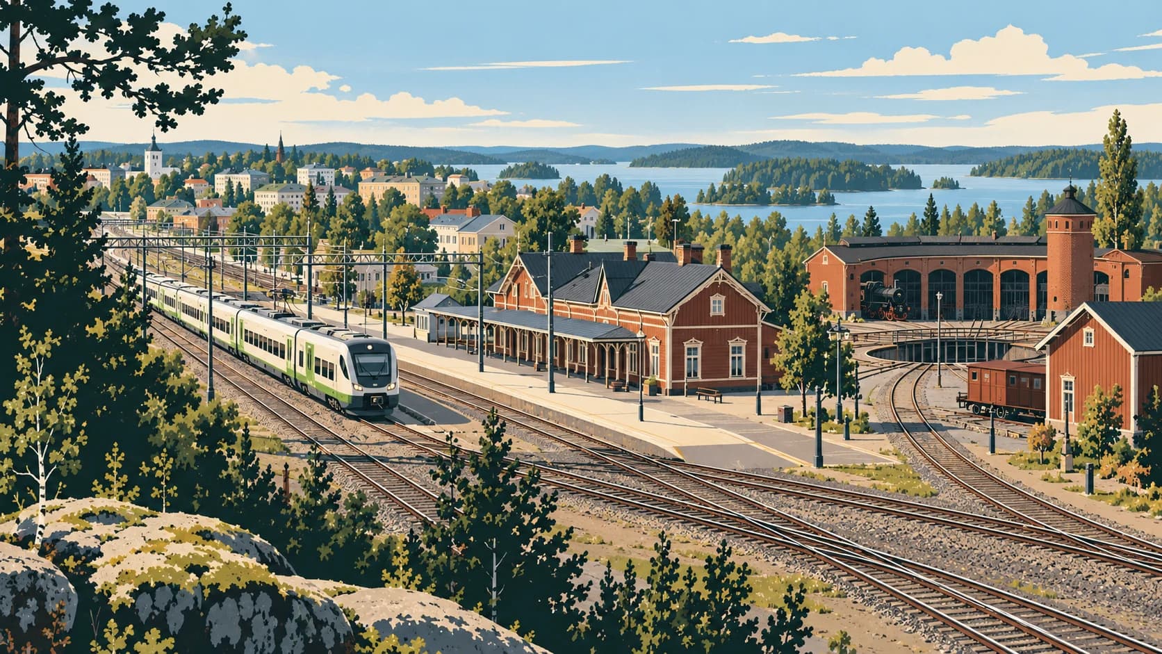 Illustrated Pieksämäki railway junction, old station and roundhouse