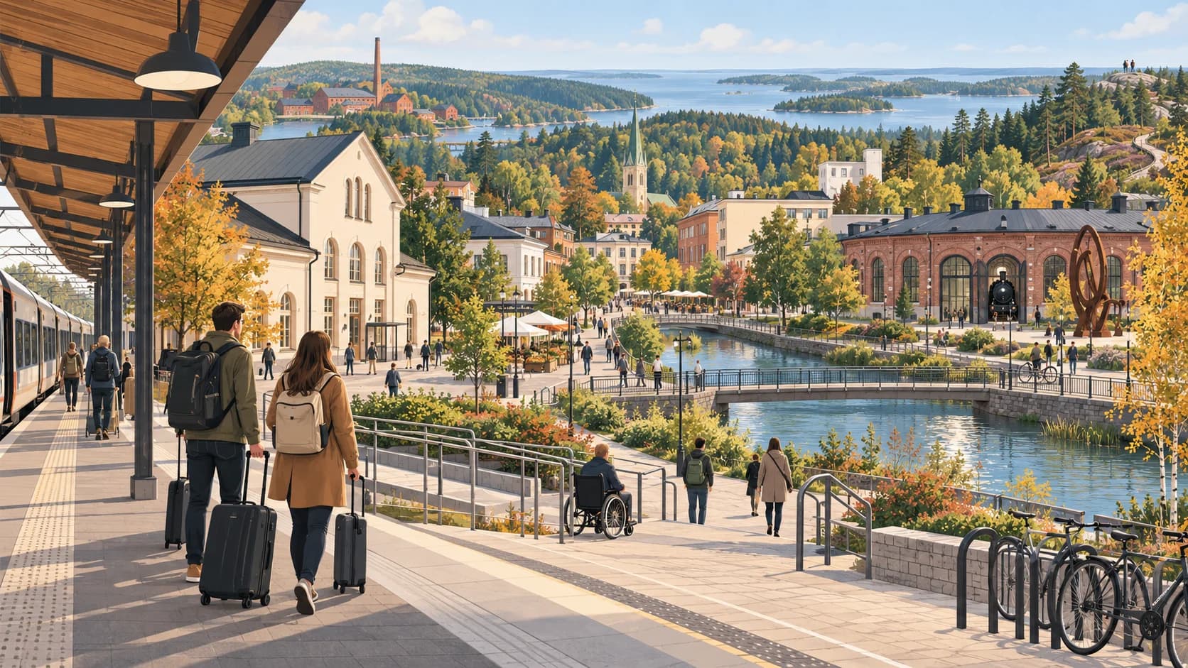 Illustrated Salo station, river centre, roundhouse museum and distant coast