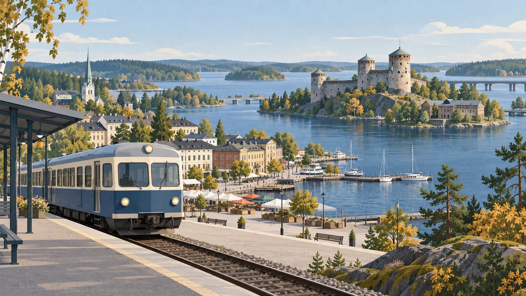 Illustrated railbus arrival beside Savonlinna harbour and Olavinlinna castle