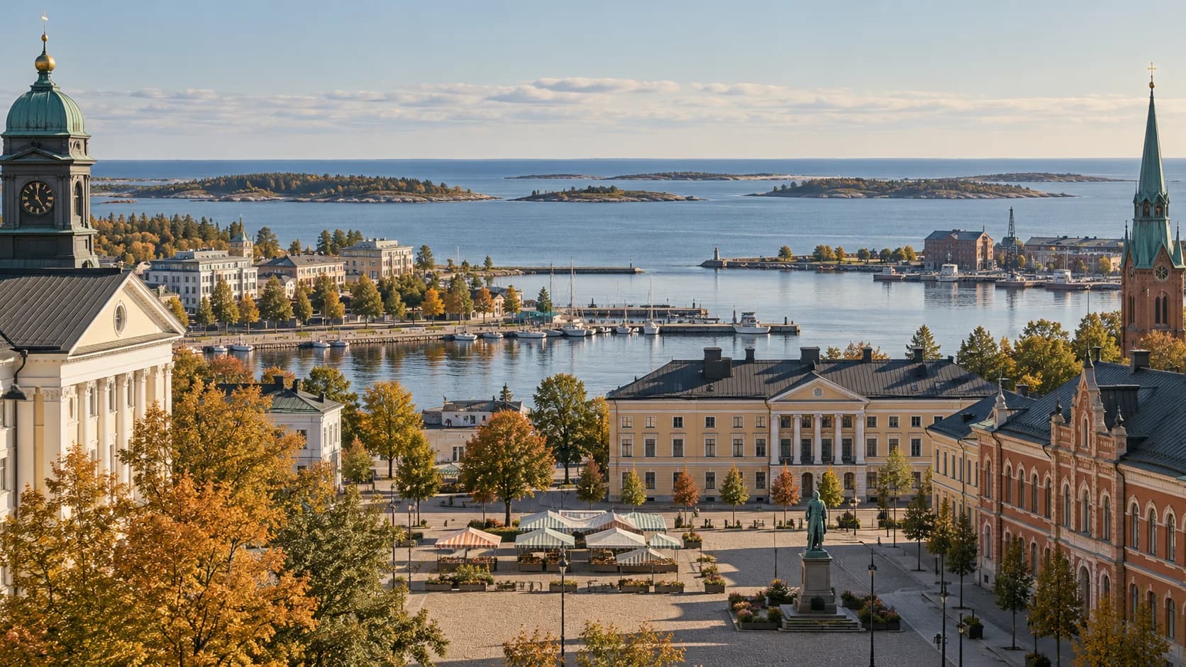 Editorial view across Vaasa city centre and inner harbour towards the Kvarken coast