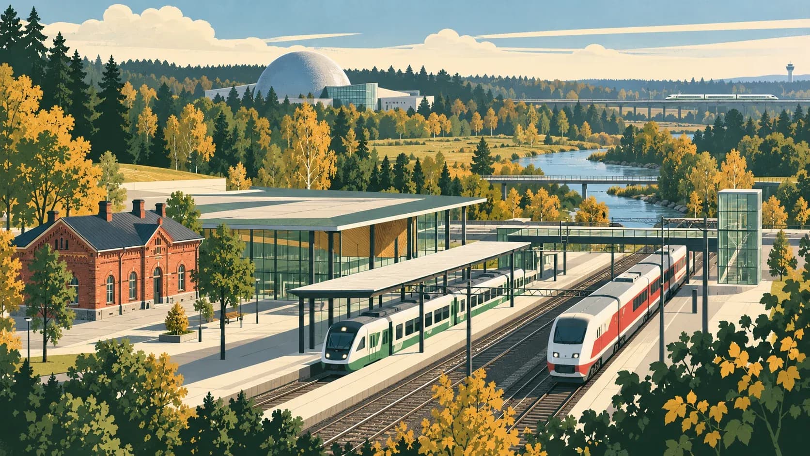 Editorial illustration of Tikkurila station, old brick station, river and Heureka