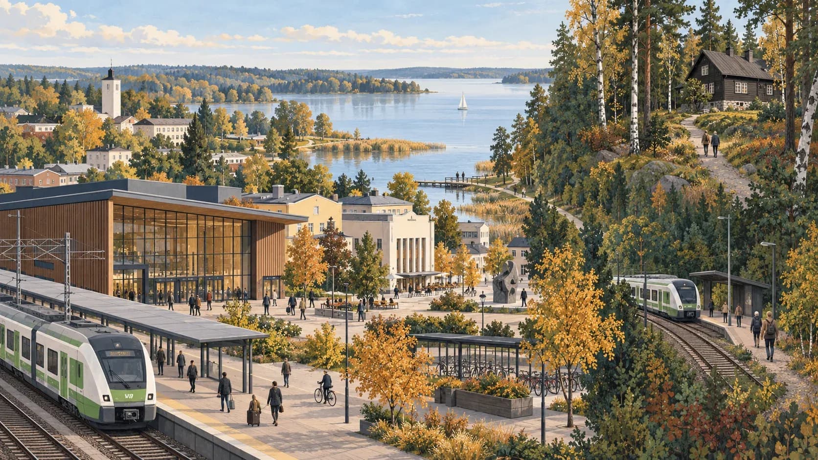 Editorial illustration of Järvenpää station, Lake Tuusula and the separate route to Ainola