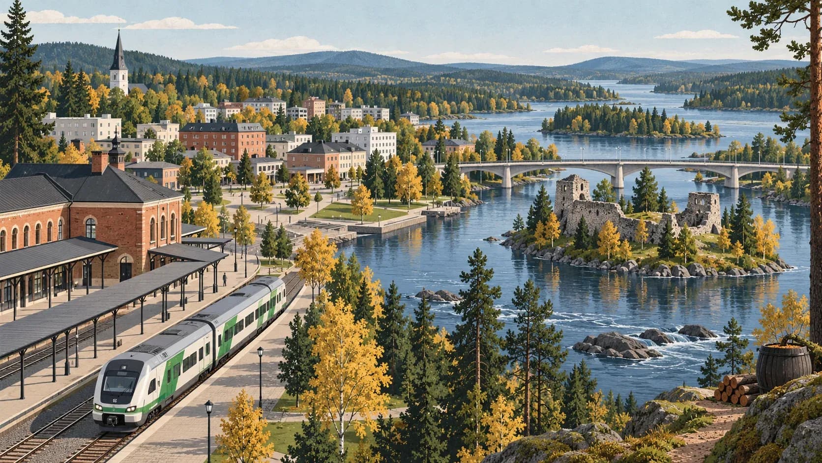Editorial illustration of a train arriving in Kajaani beside the river and castle ruins
