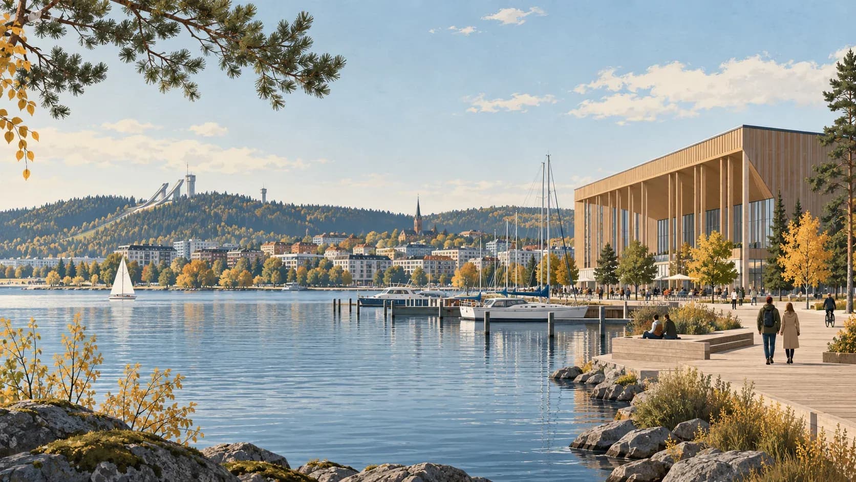 Editorial illustration of Lahti harbour, timber architecture and distant Salpausselkä ski jumps