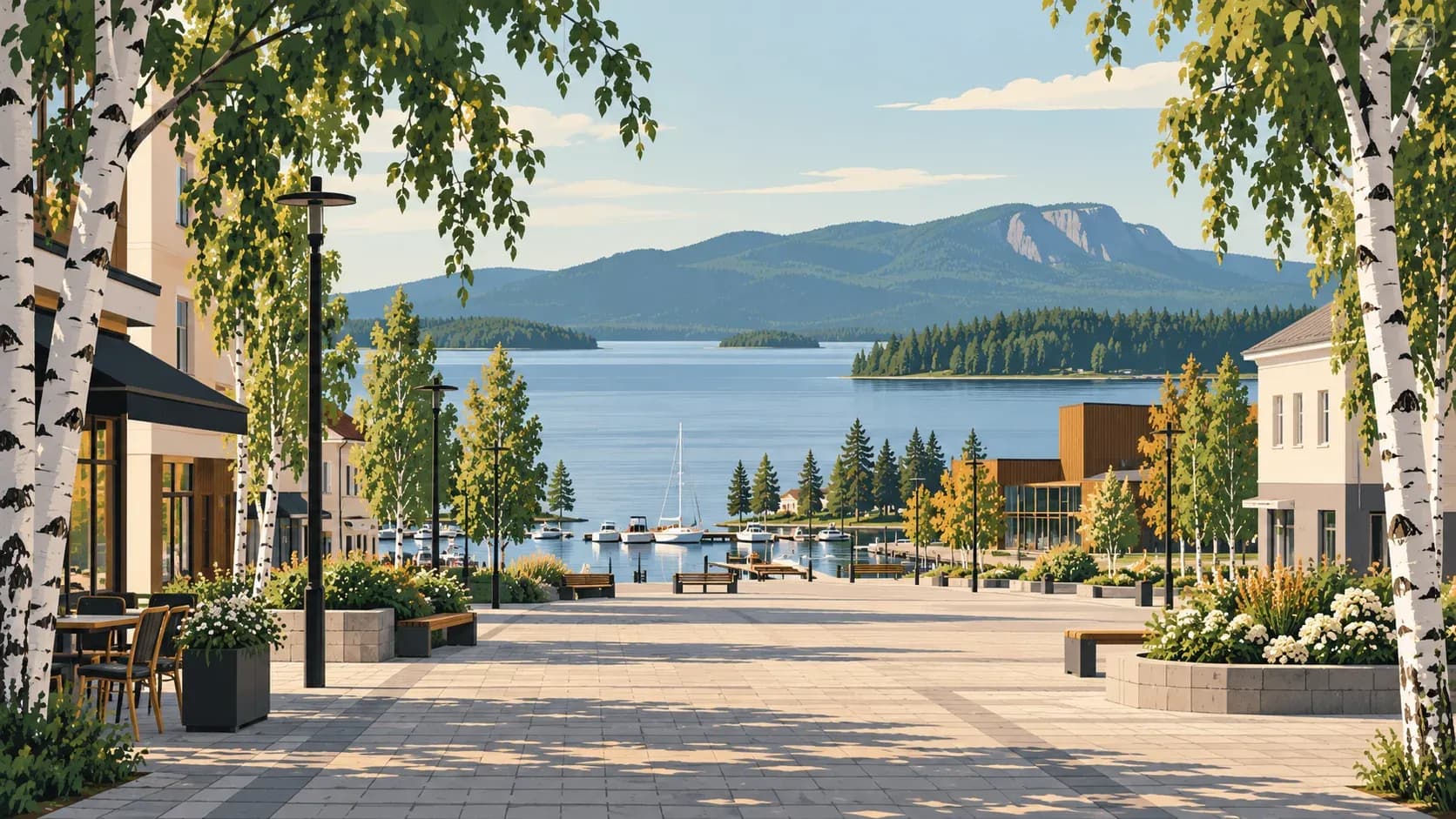 Editorial illustration of Lieksa town square and harbour beside Lake Pielinen with Koli in the distance