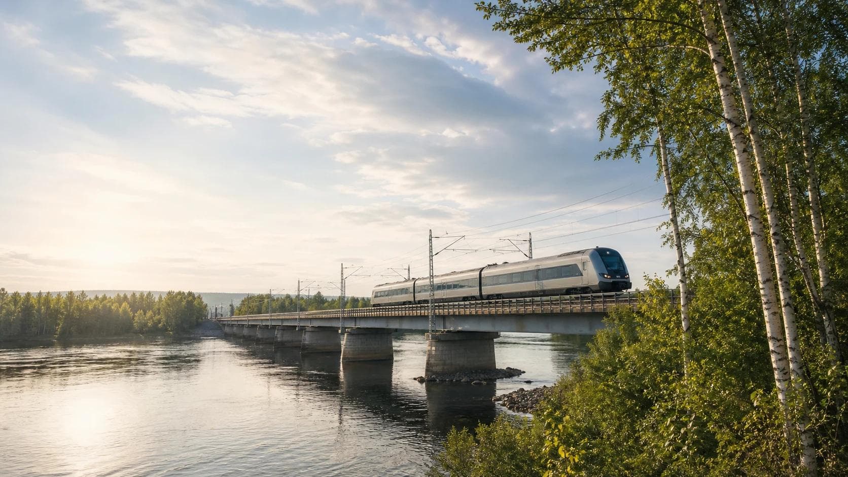 Editorial illustration of a passenger train crossing a river bridge in a northern Nordic landscape