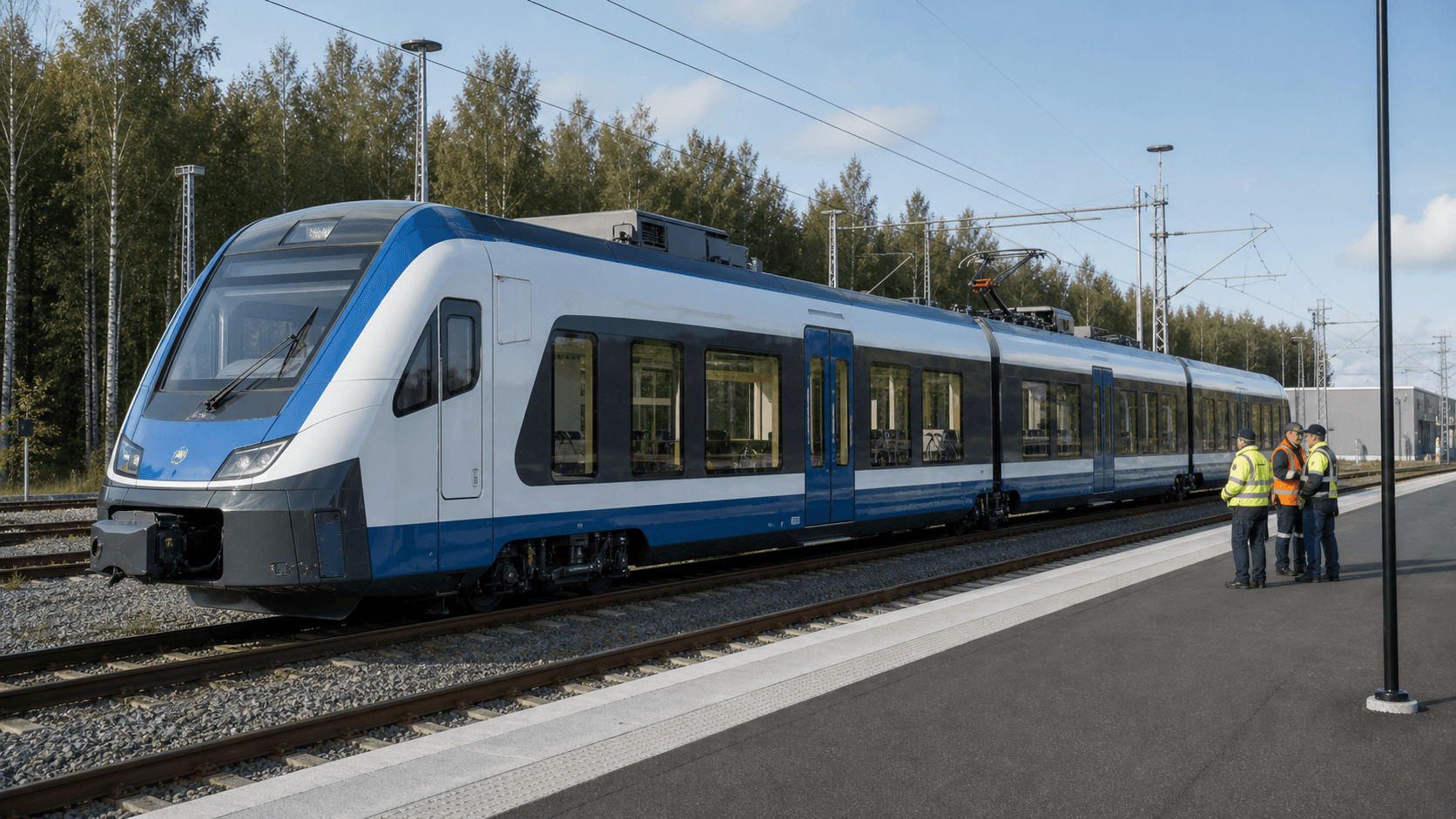 Editorial illustration of a new low-floor regional electric train undergoing testing at a Finnish depot