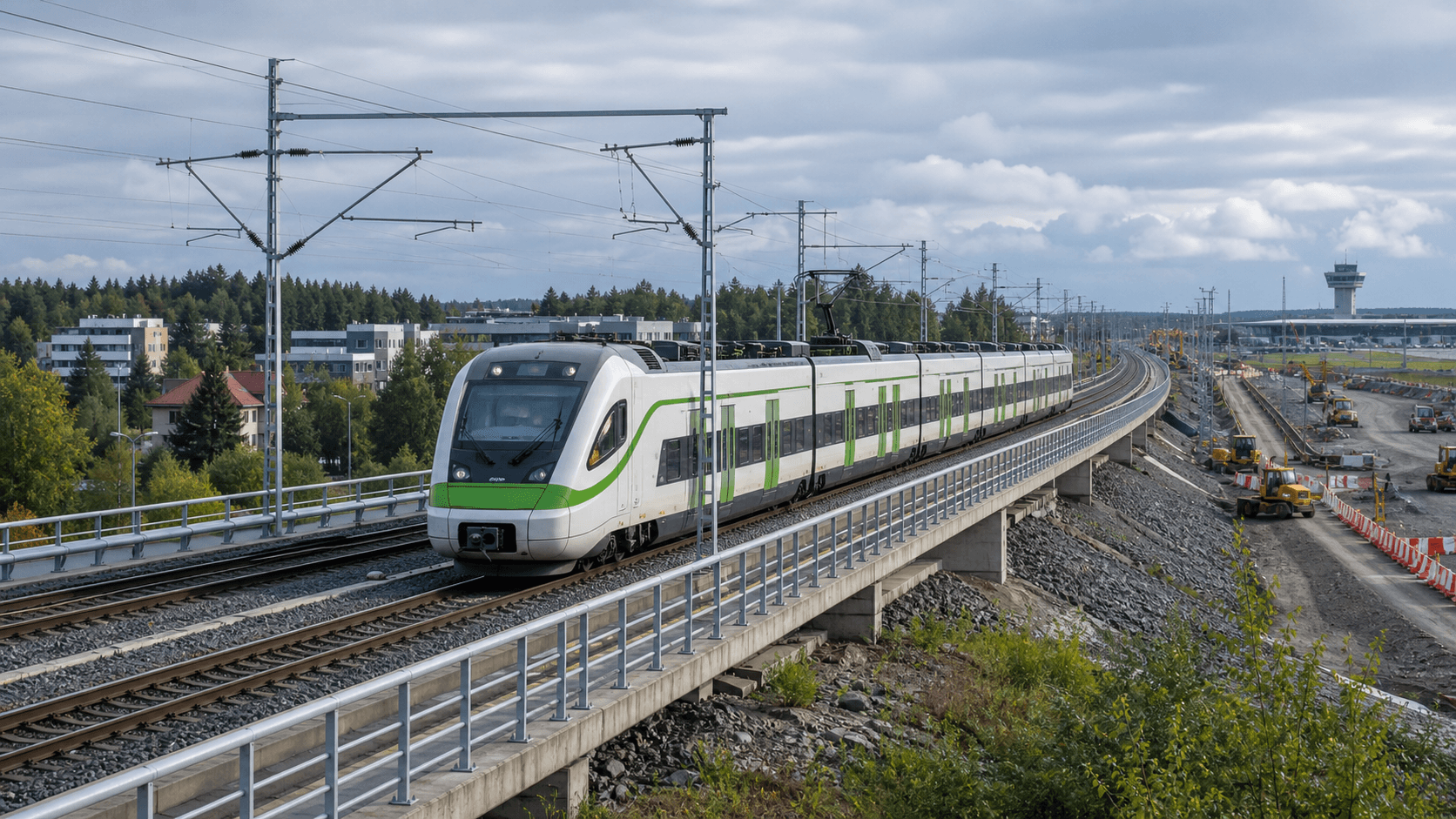 Editorial illustration of a commuter train passing continuing railway works near Helsinki Airport