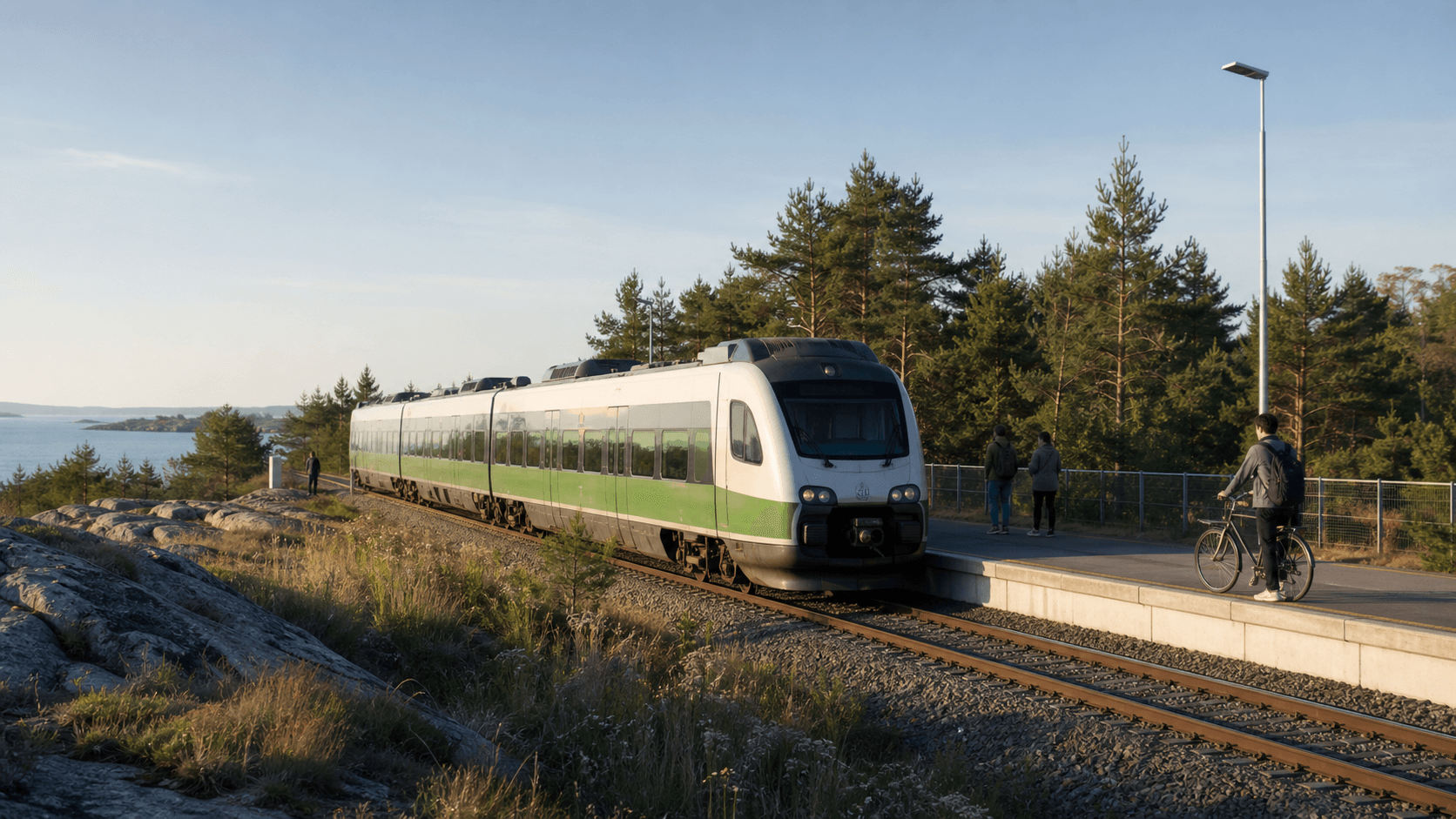Editorial illustration of a regional passenger train at a coastal station in western Uusimaa