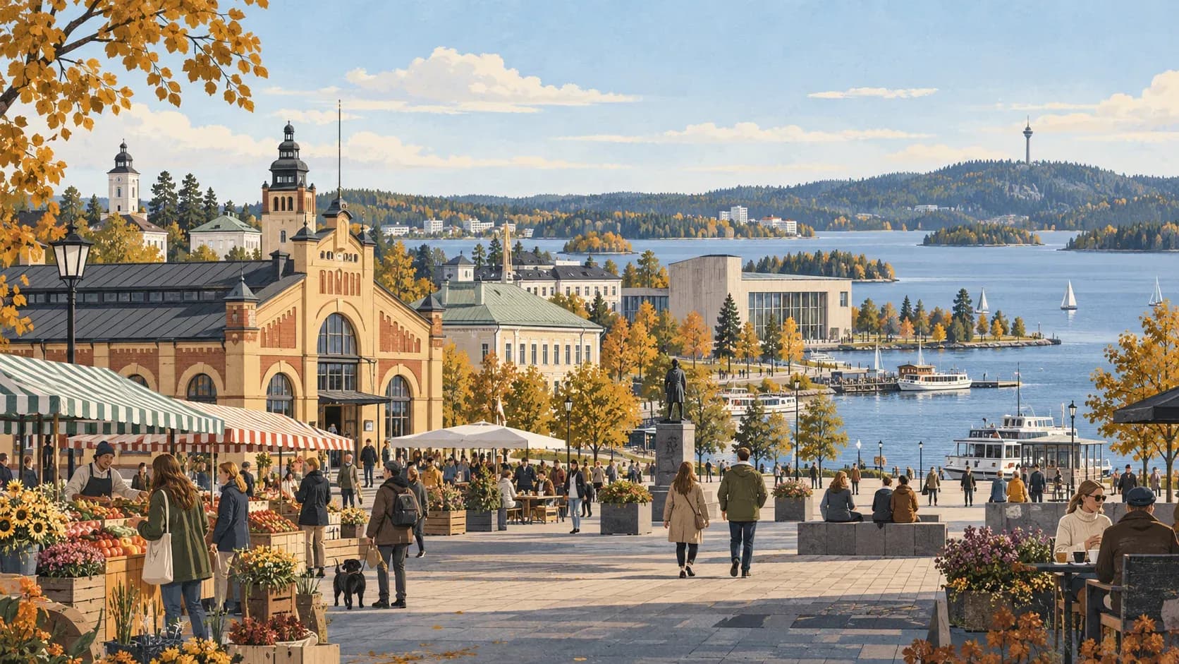 Editorial illustration of Kuopio market, harbour, Kallavesi and distant Puijo tower