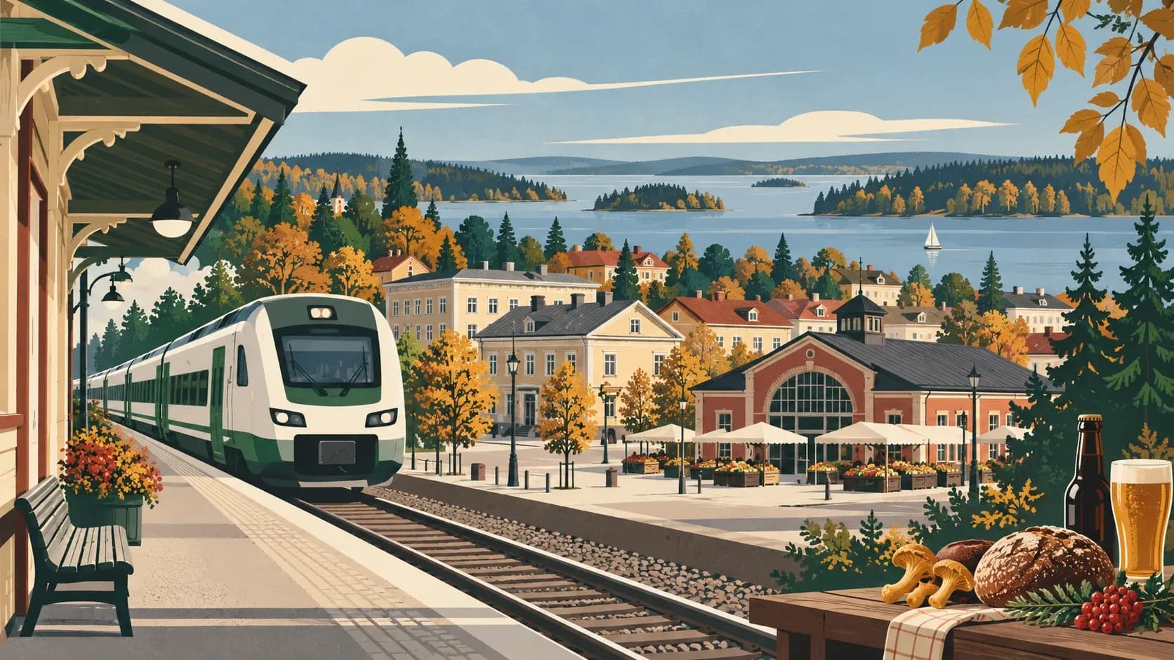 Editorial illustration of Iisalmi station, market district and Lake Porovesi