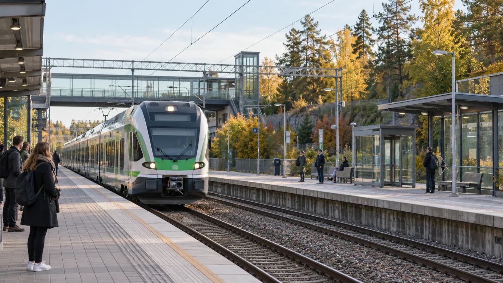 A green commuter train arriving at an open suburban railway station in early autumn