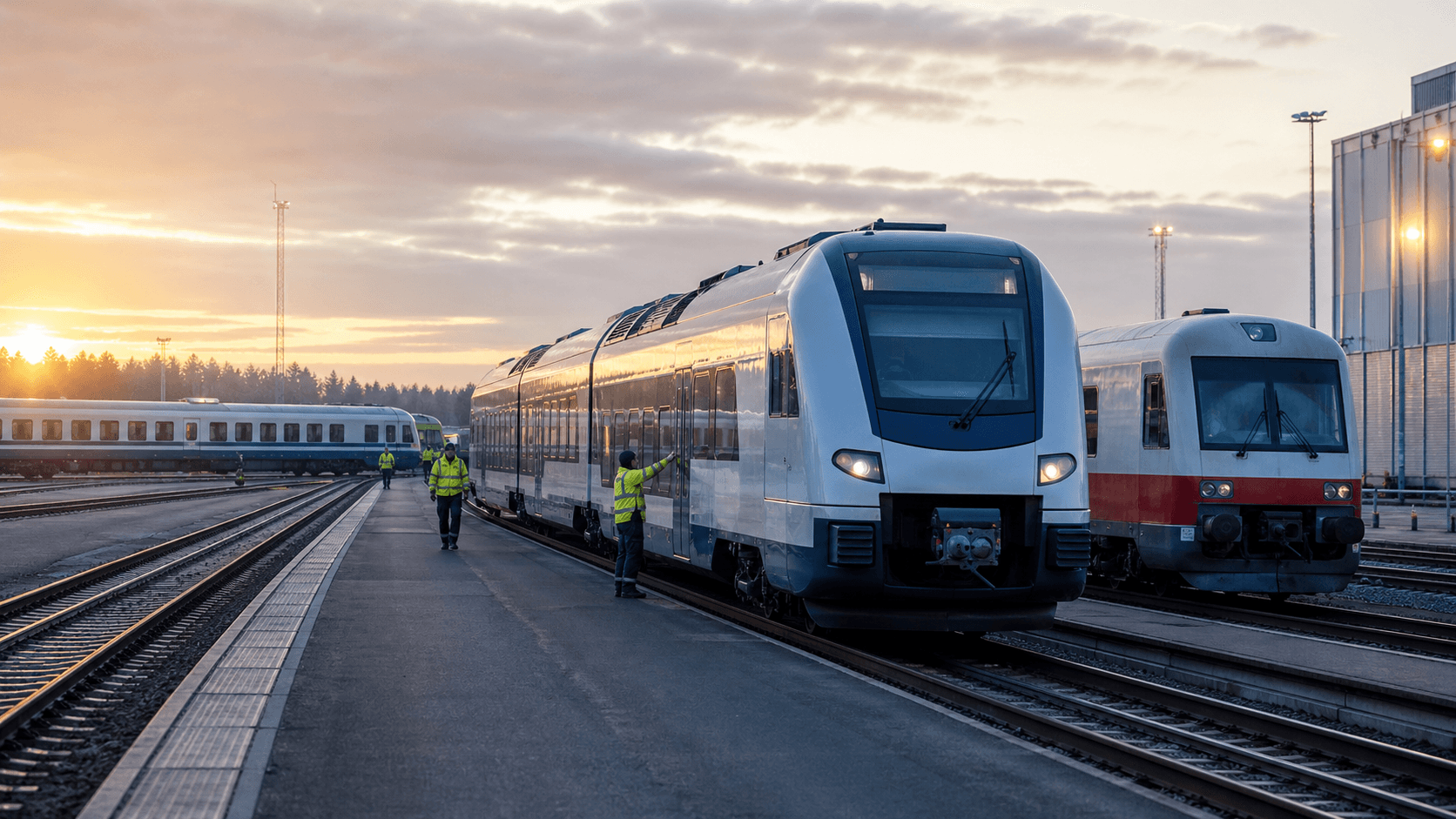 Editorial illustration of several types of Finnish passenger rolling stock at a railway depot